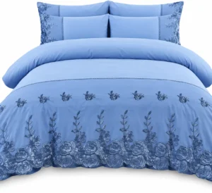 Parure de lit bleue brodée florale Ensemble de draps 6 pièces en coton brodé à fleurs bleu bleuet