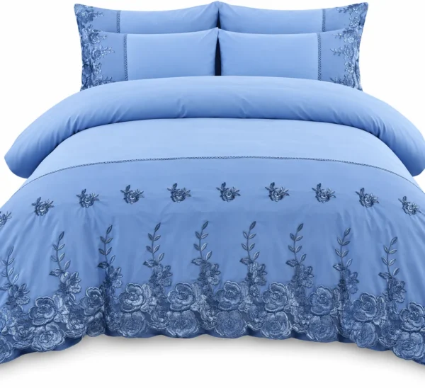Parure de lit bleue brodée florale Ensemble de draps 6 pièces en coton brodé à fleurs bleu bleuet