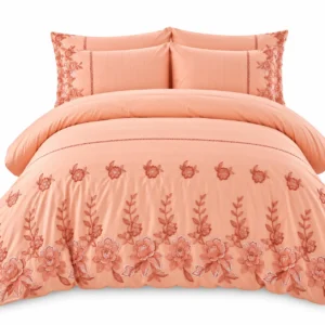 Parure de lit corail brodée de fleurs Ensemble de draps 6 pièces en coton brodé à fleurs corail