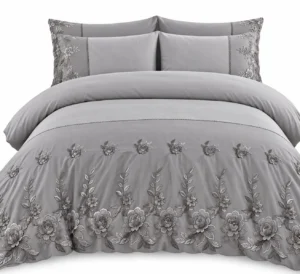 Parure de lit grise brodée élégante Ensemble de draps 6 pièces en coton brodé à fleurs gris argenté