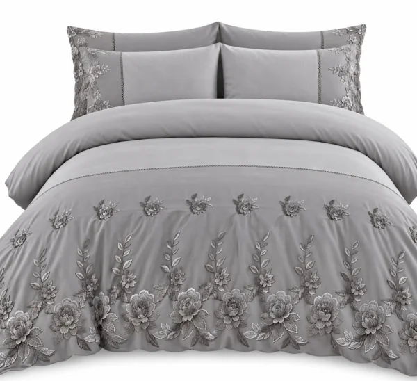 Ensemble de draps 6 pièces en coton brodé à fleurs gris argenté