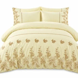 Parure de lit jaune crème brodée Ensemble de draps 6 pièces en coton brodé à fleurs crème et or