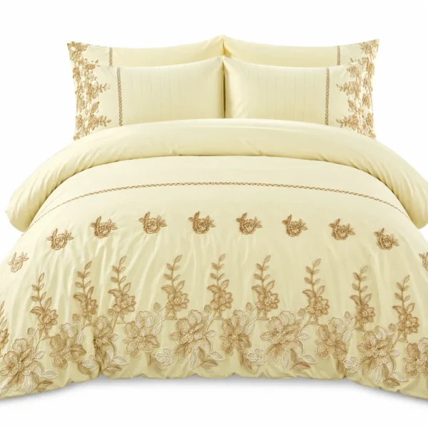 Parure de lit jaune crème brodée Ensemble de draps 6 pièces en coton brodé à fleurs crème et or