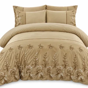 Parure de lit taupe brodée florale Ensemble de draps 6 pièces en coton brodé à fleurs beige doré
