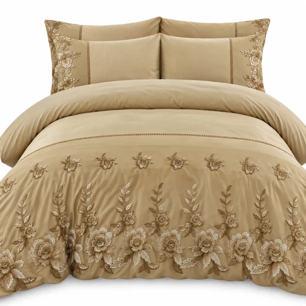 Ensemble de draps 6 pièces en coton brodé à fleurs beige doré