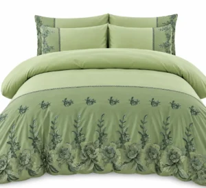 Parure de lit verte brodée élégante Ensemble de draps 6 pièces en coton brodé à fleurs vert sauge