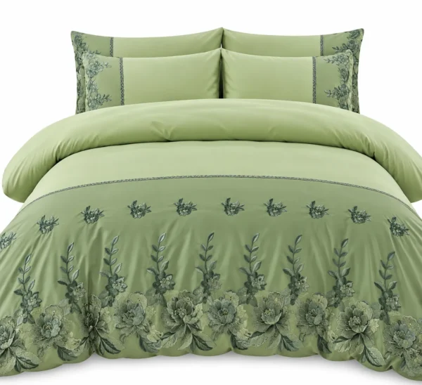 Ensemble de draps 6 pièces en coton brodé à fleurs vert sauge