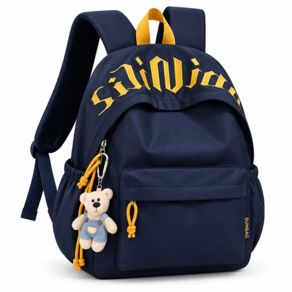 Sac à dos bleu marine et ourson suspendu Sac à dos tendance à lettrage brodé bleu marine et jaune